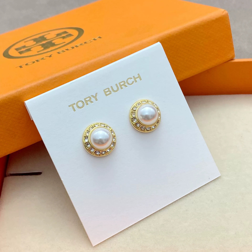 Tory Burch Trendy Crystal Pearl Metal Round Earrings